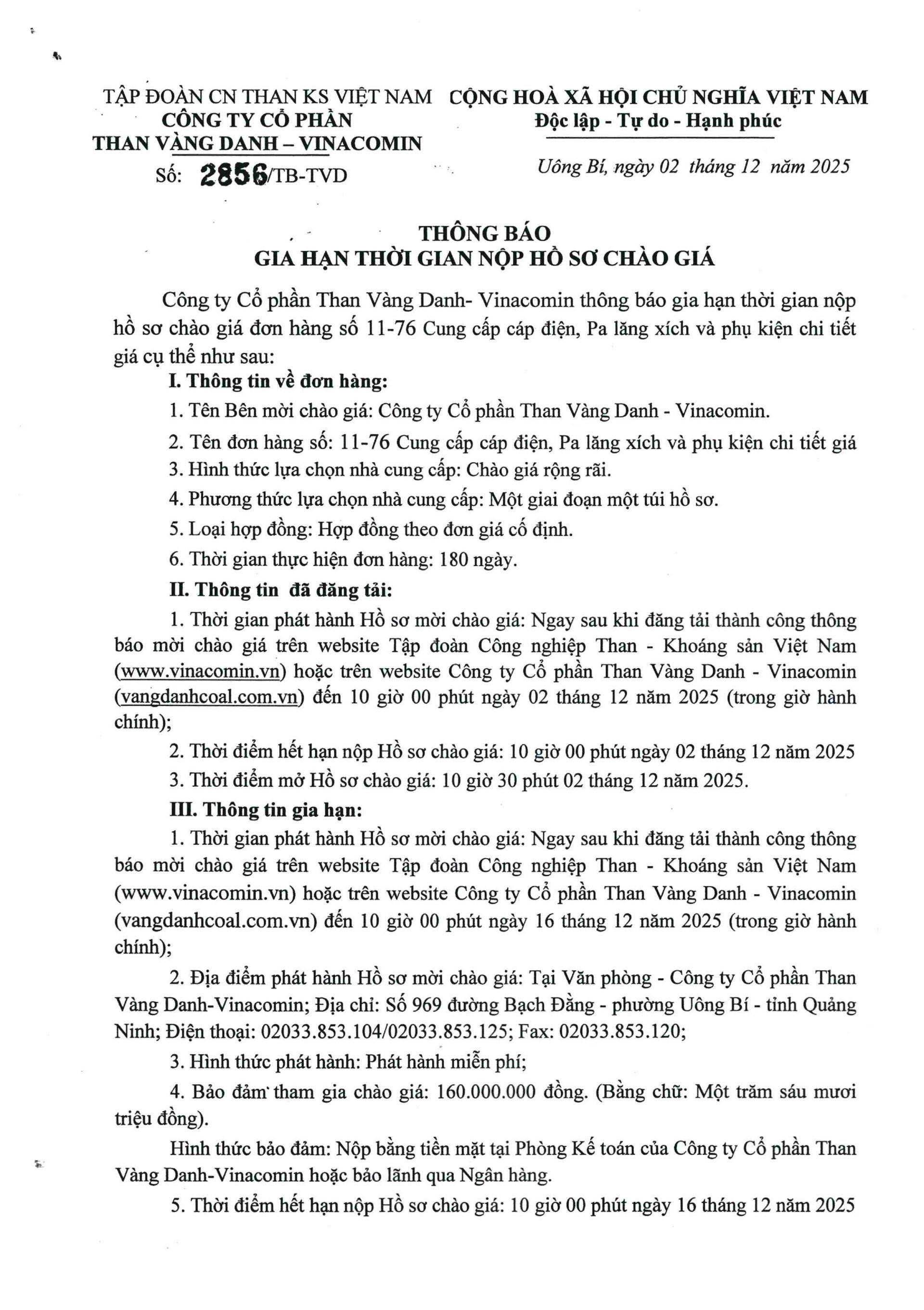 Thông báo gia hạn nộp hồ sơ Cung cấp cáp điện, Pa lăng xích và phụ kiện ...